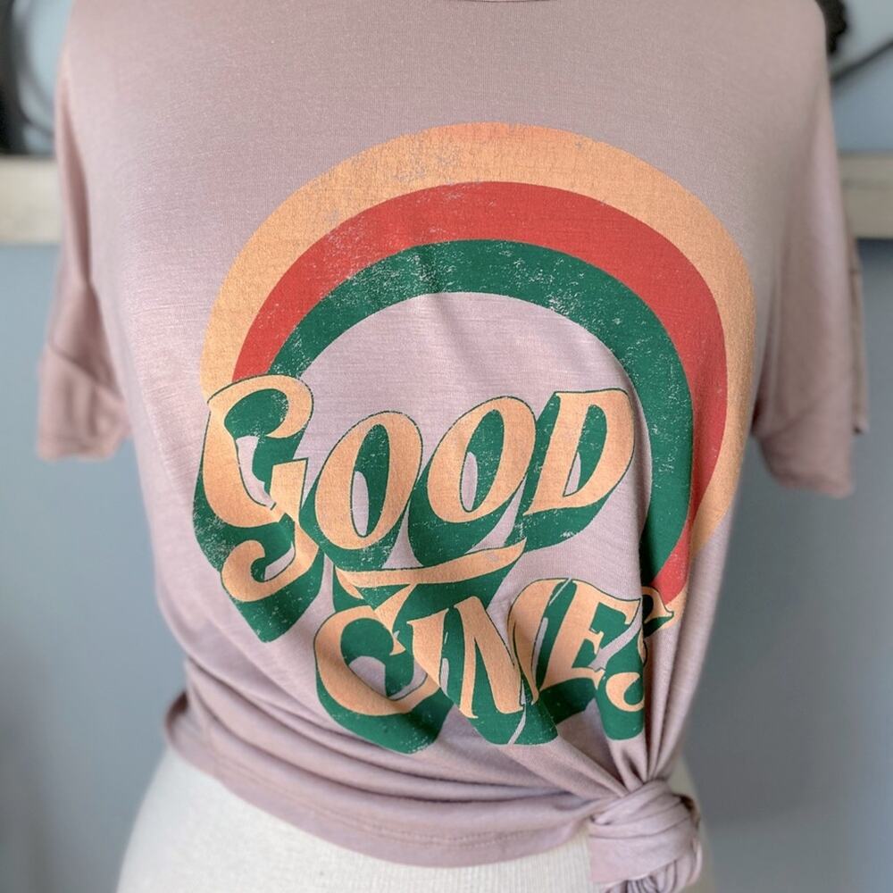 Rainbow Graphic Top 70's Boho Vibe Good Times Tee Shirt Taupe Blush Size Medium - Picture 6 of 6